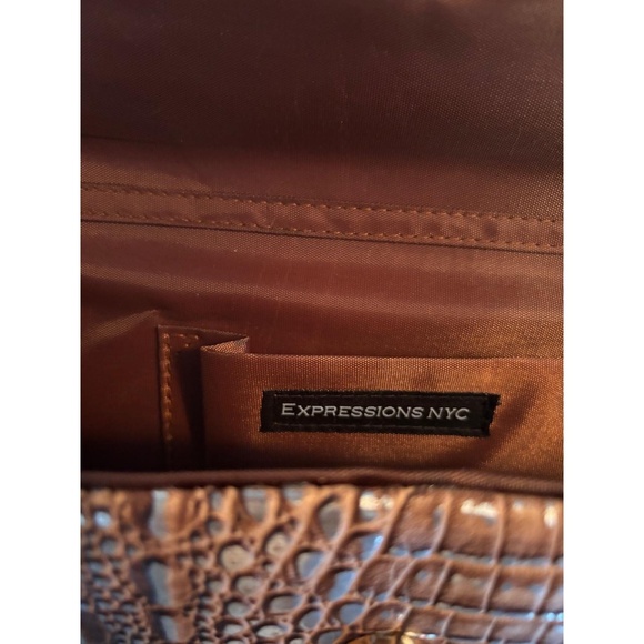 EXPRESSIONS NYC Clutch Bag Brown Silver Crocodile Embossed Chain Strap Chic Glam - Picture 4 of 10